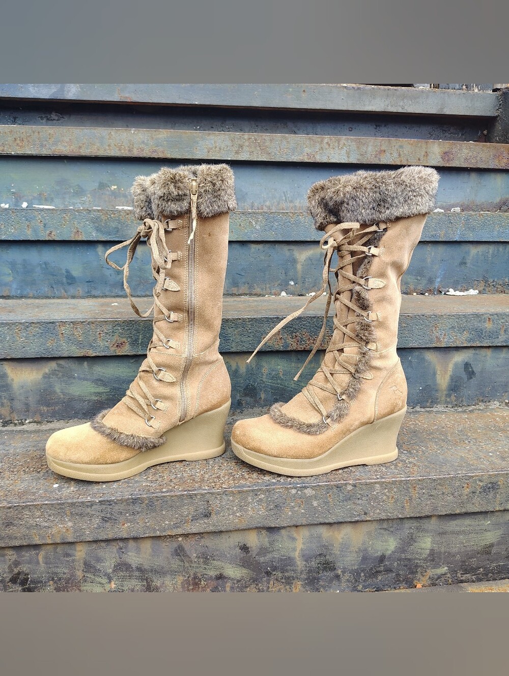 Report Kenai Wedge Knee Boots Tan Suede Leather Lace-Up Faux Fur Trim Women's 9